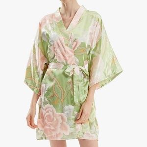 Bridal Party, Light Green and Pink Floral Kimono/ Robe, Polyester